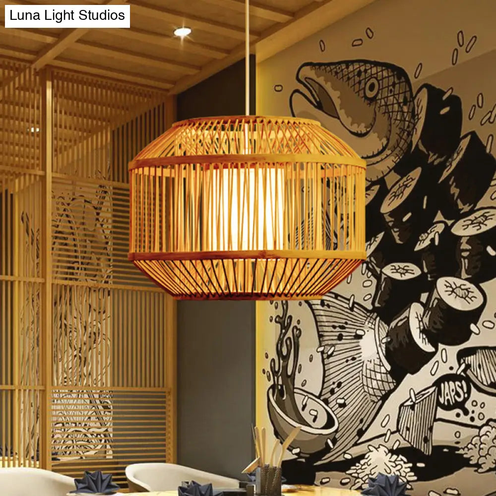 Geometric Bamboo Hanging Fixture - 1 Light Pendant Lighting In Beige (16/19.5 W) Ideal For Dining