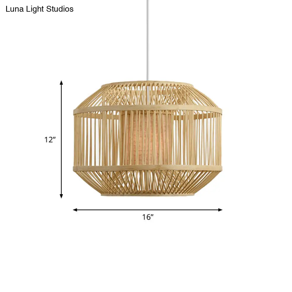 Geometric Bamboo Hanging Fixture - 1 Light Pendant Lighting In Beige (16/19.5 W) Ideal For Dining
