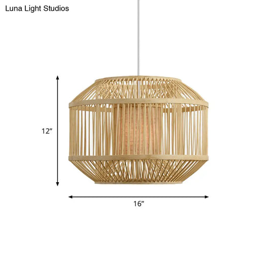 Geometric Bamboo Hanging Fixture - 1 Light Pendant Lighting In Beige (16/19.5 W) Ideal For Dining