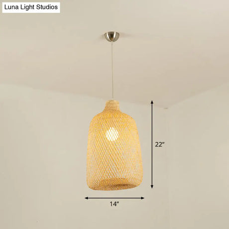 Geometric Beige Pendant Light With Asian Design - Bamboo Suspension Fixture