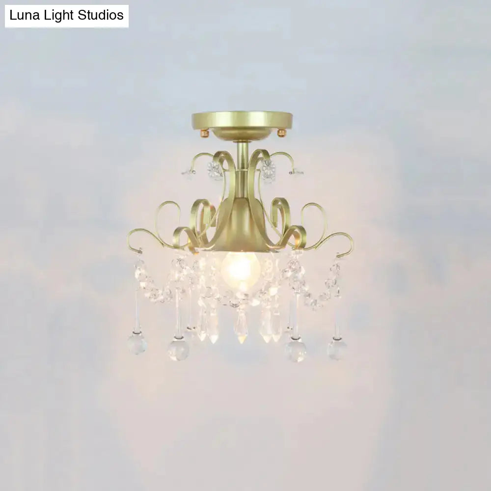 Geometric Brass Semi Flush Crystal Ceiling Mount - Traditional 1-Light Fixture For Hallways / B