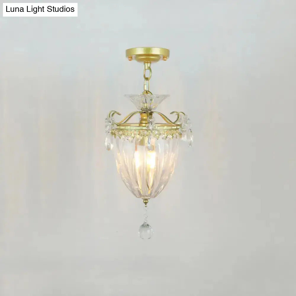 Geometric Brass Semi Flush Crystal Ceiling Mount - Traditional 1-Light Fixture For Hallways / G