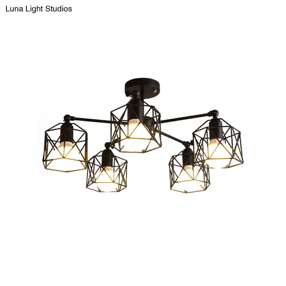 Geometric Cage Semi Flush Ceiling Lamp - Industrial Retro Look For Living Room 3/5 Bulbs Iron Light