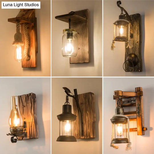 Geometric Country Style Wooden Wall Sconce - Brown Light Fixture For Corridor