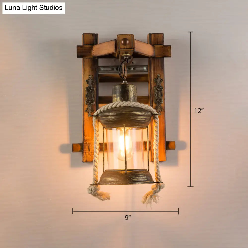 Geometric Country Style Wooden Wall Sconce - Brown Light Fixture For Corridor