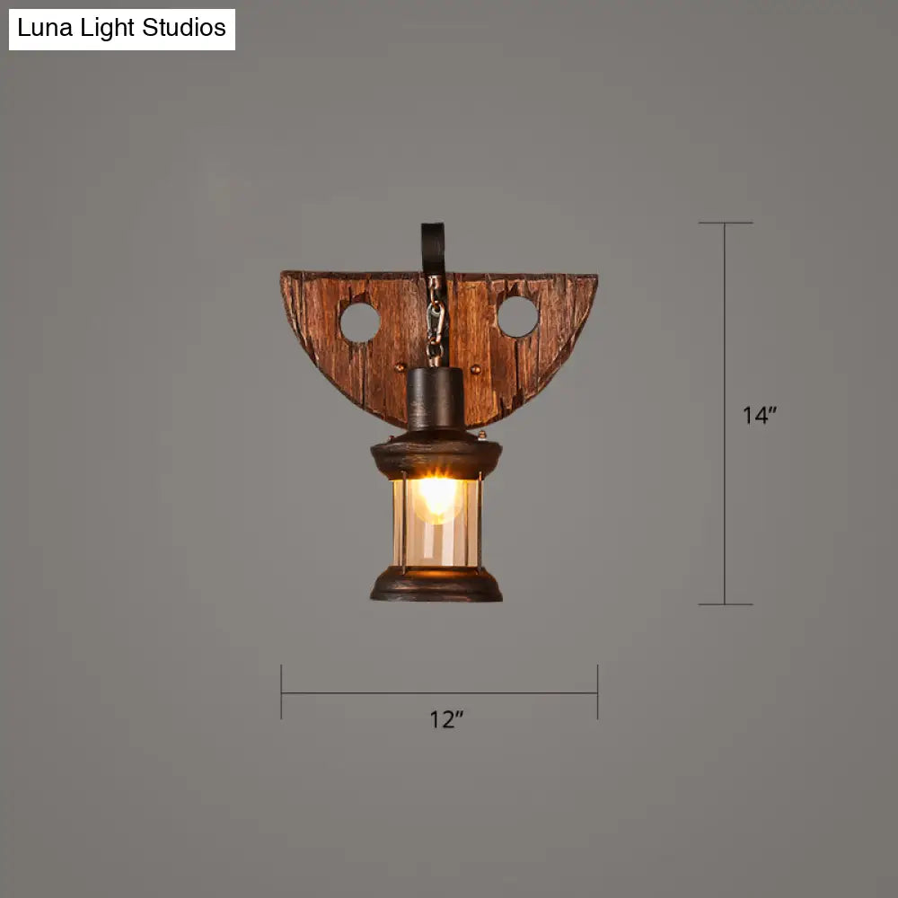 Geometric Country Style Wooden Wall Sconce - Brown Light Fixture For Corridor