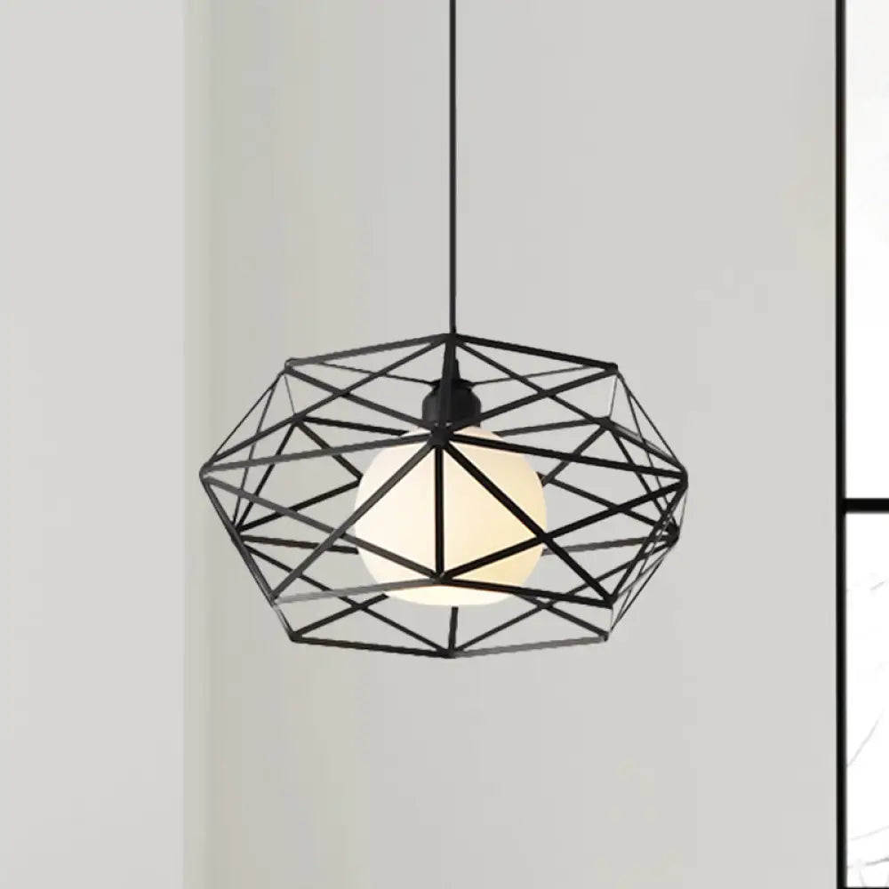 Geometric Metal Cage Pendant Light For Industrial Dining Rooms - Black/White Black
