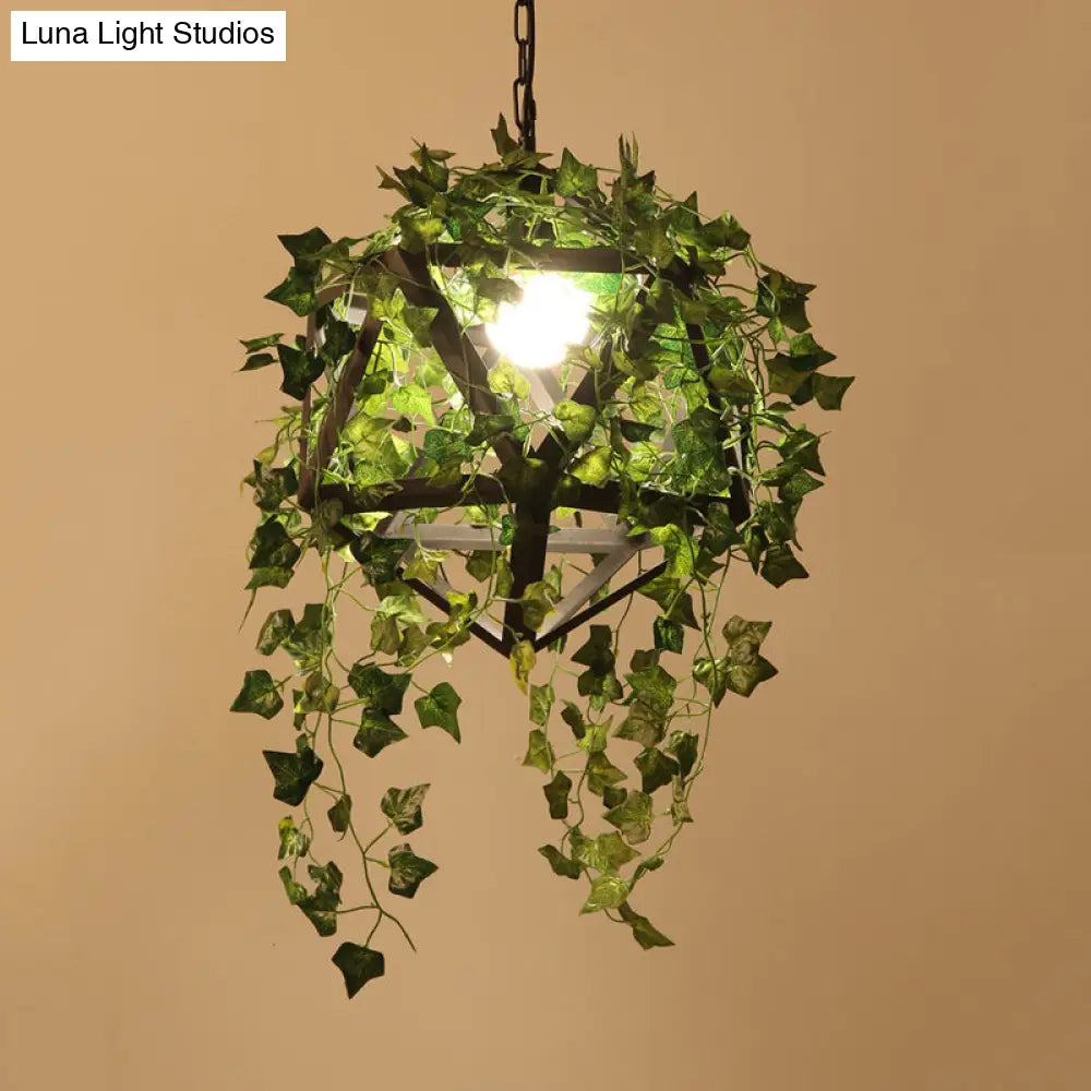 Industrial Geometric Metal Led Pendant Light With Plant Decor Black