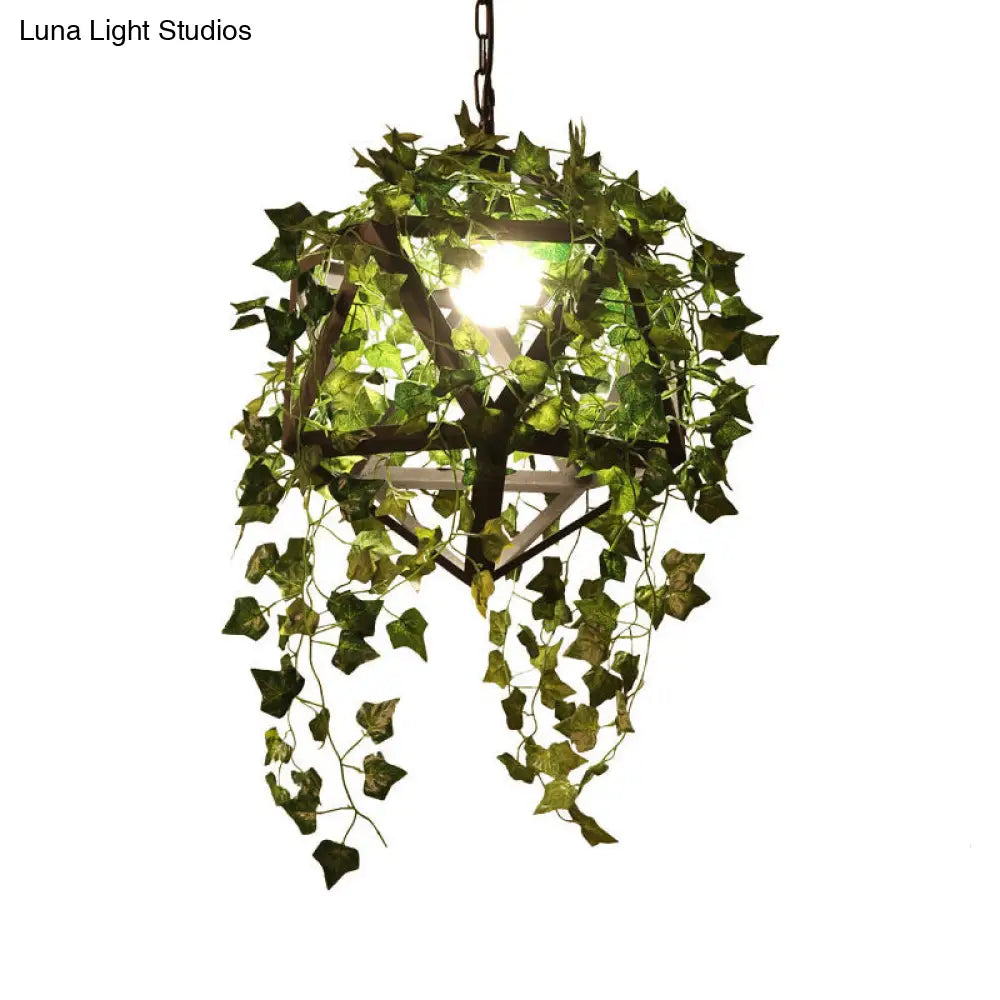 Industrial Geometric Metal Led Pendant Light With Plant Decor Black