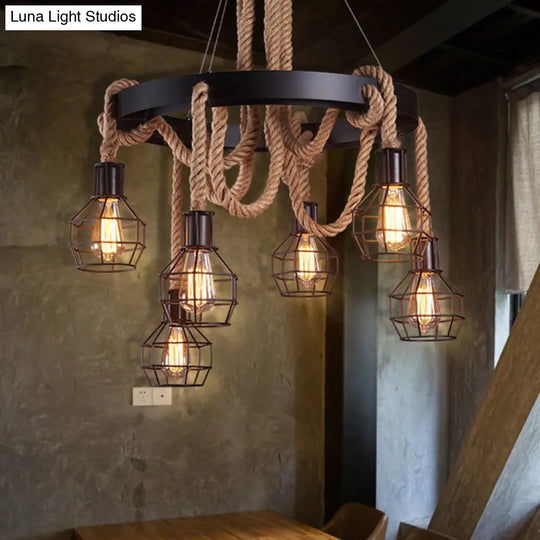 Geometric Natural Rope Chandelier In Brown For Rustic Ambiance
