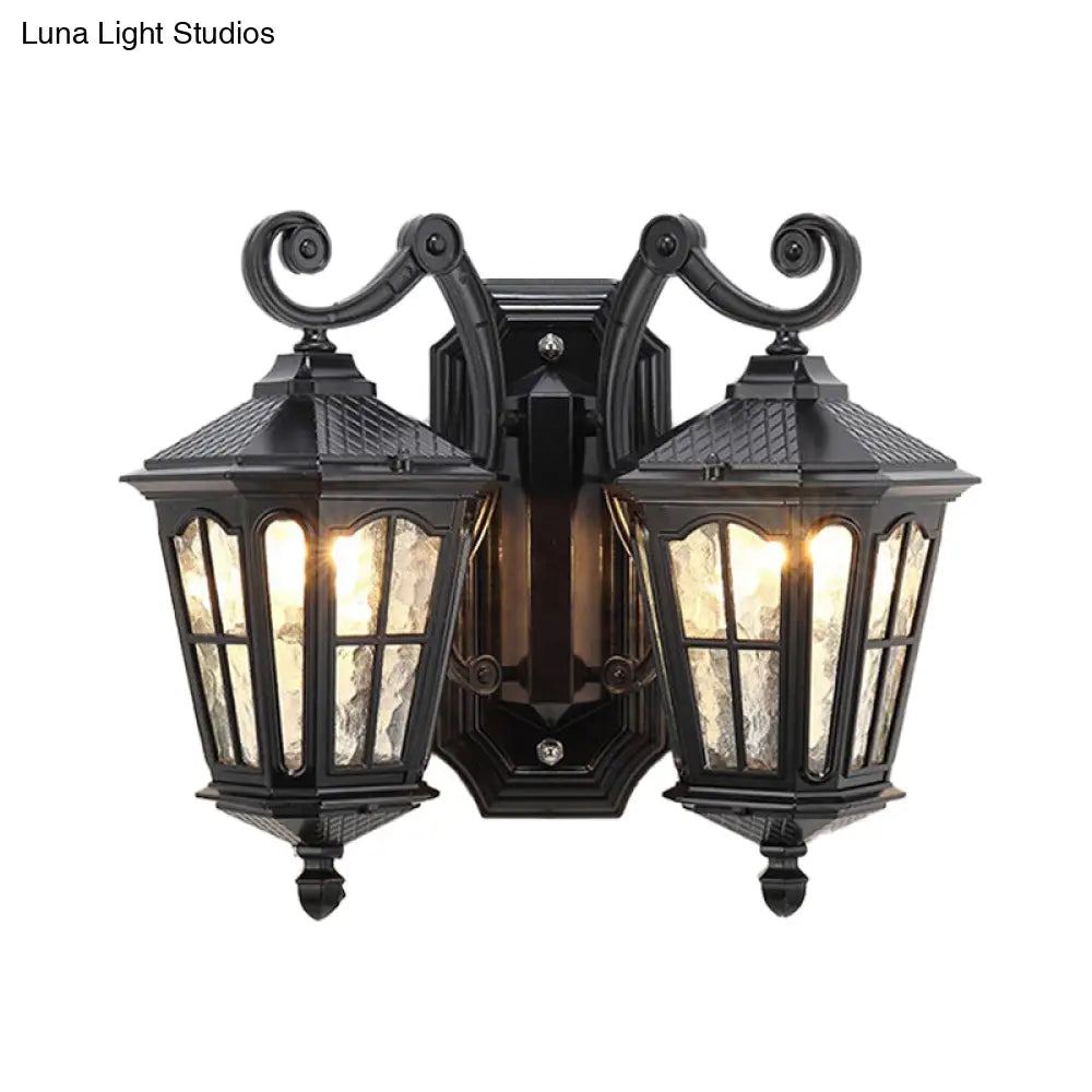 Geometric Outdoor Wall Light With Water Glass And Double Swirl Arm In Black Finish