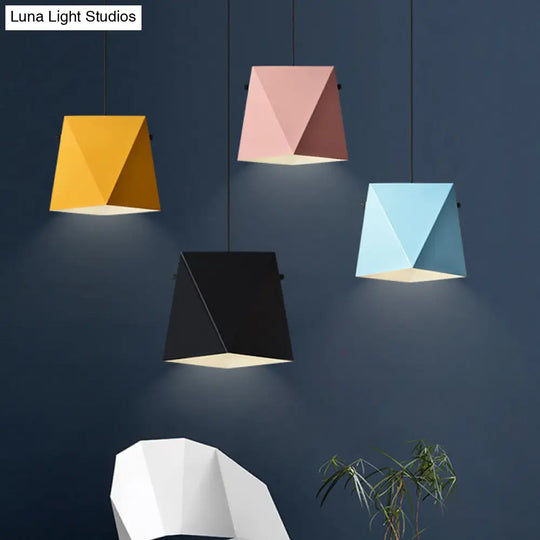 Geometric Pendant Ceiling Light In Macaron Iron Down Lighting With 1 Bulb - Pink/Black/Blue Blue