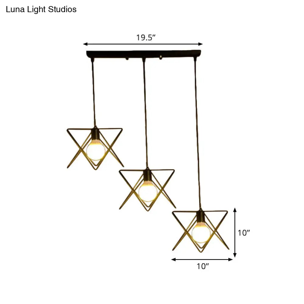 Geometric Pendant Light With Wire Frame: Industrial Style Black Iron Round/Linear Canopy - 3 Heads