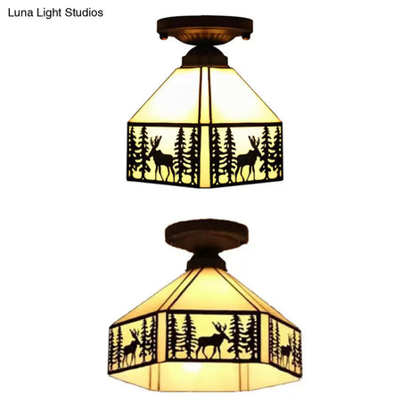 Geometric Semi Flush Ceiling Light With Art Glass Shade And Deer Pattern In Beige - Ideal For