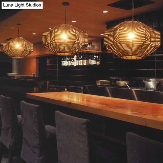 Geometric Shade Asian Rattan Pendant Light For Restaurants - 1 Head Ceiling Lamp
