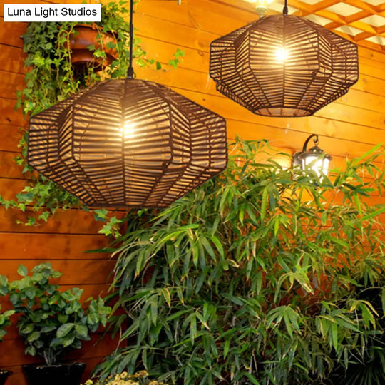 Geometric Shade Asian Rattan Pendant Light For Restaurants - 1 Head Ceiling Lamp