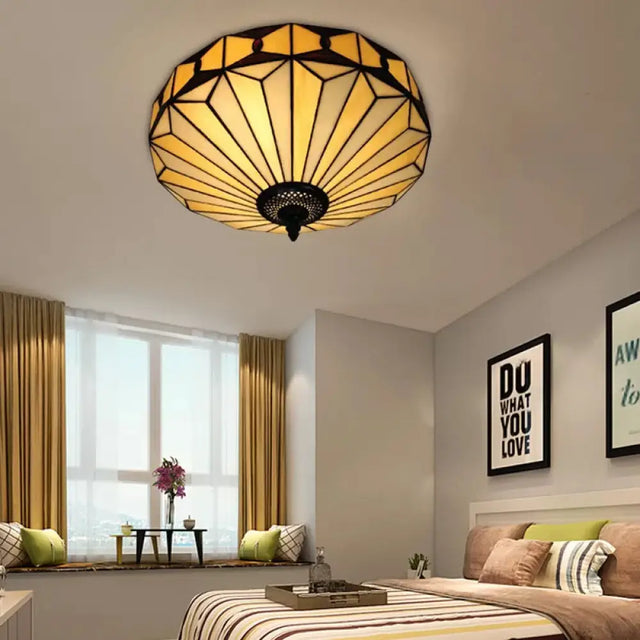 Geometric Stained Glass Ceiling Light For Bedroom - 2-Light Flush Mount Fixture Mission Style