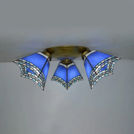 Geometric Stained Glass Flushmount Light - Vintage Style 3 Colors Perfect For Bedrooms Dark Blue