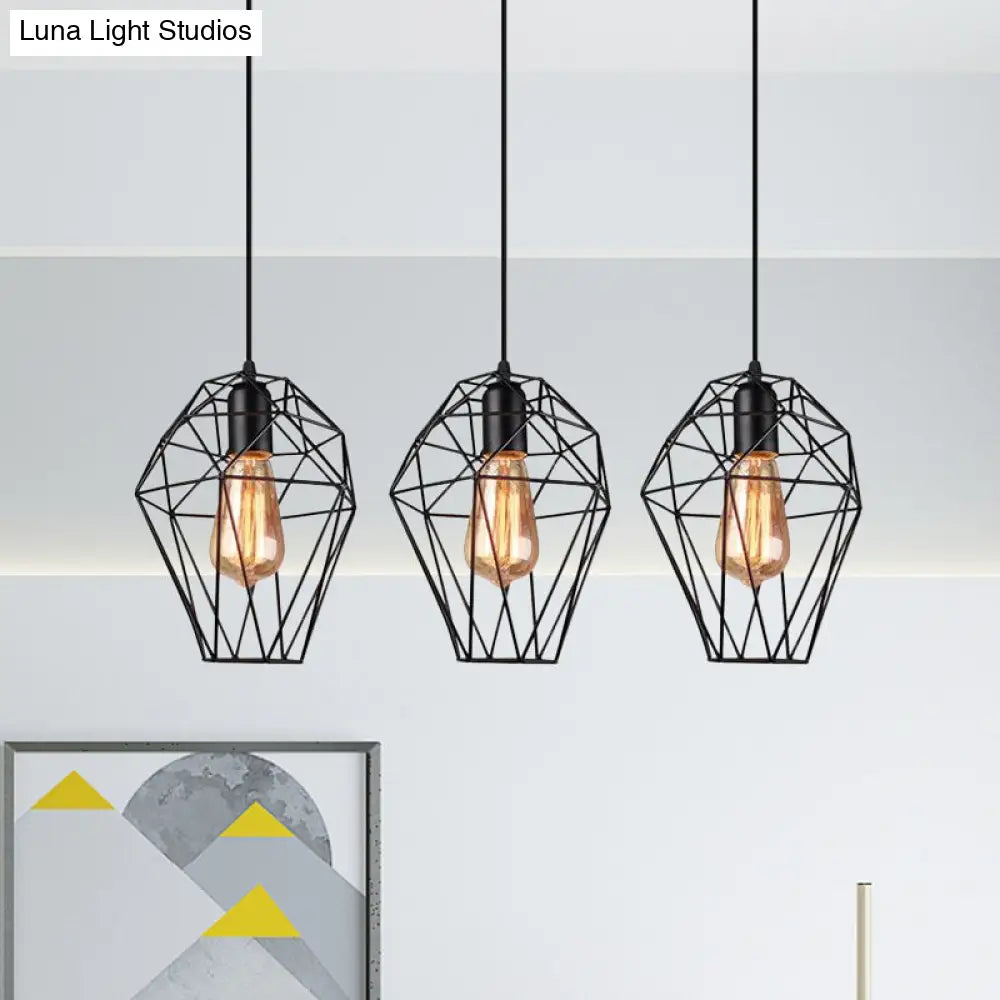 Geometric Vintage Ceiling Pendant Lamp - Metallic Black Suspended Light With 3 Bulbs Cage Shade