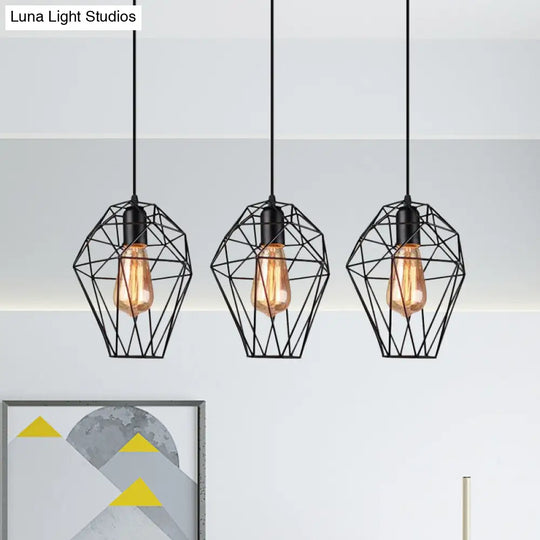 Geometric Vintage Ceiling Pendant Lamp - Metallic Black Suspended Light With 3 Bulbs Cage Shade