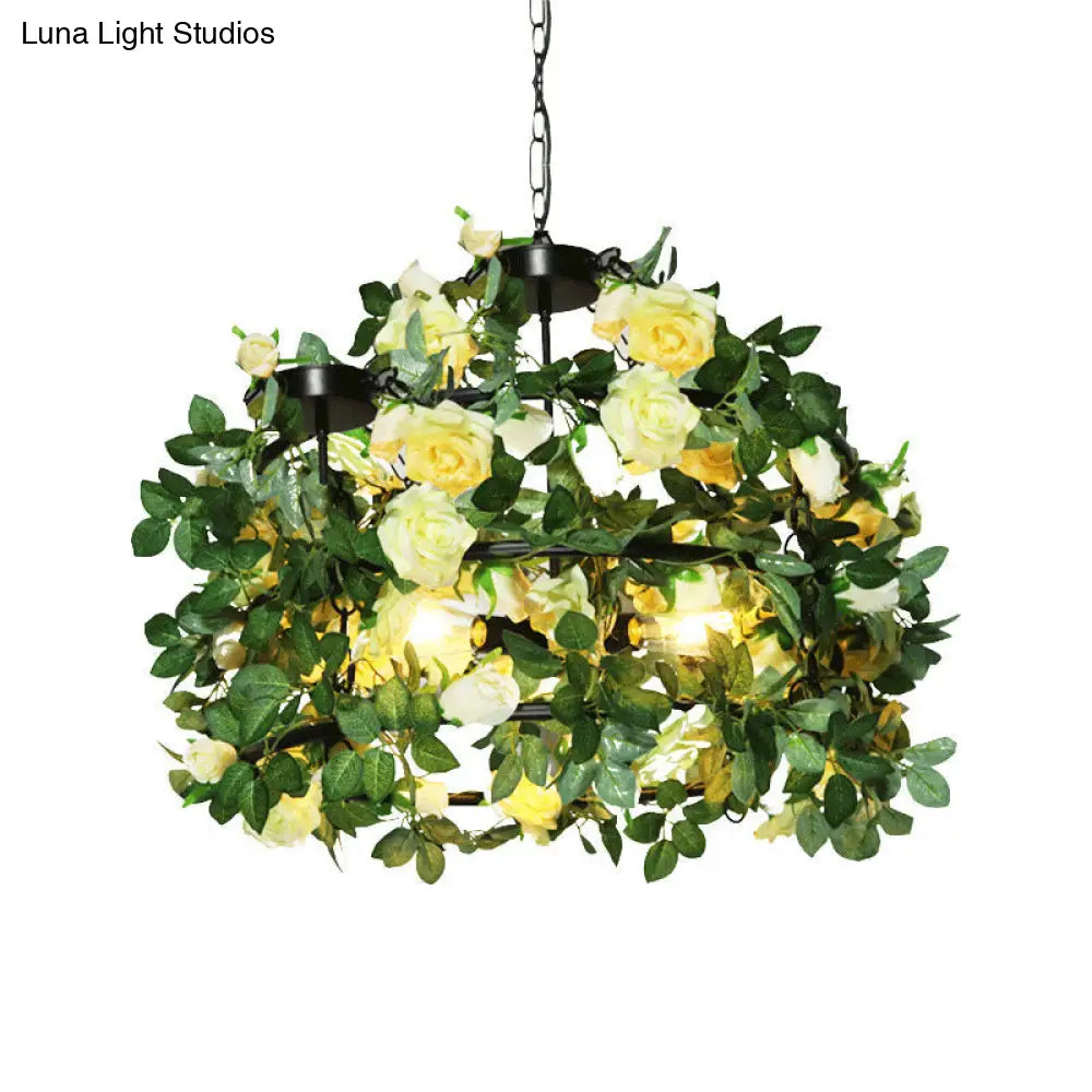Geometric Vintage Chandelier With Artificial Plants - Metal Ceiling Light Fixture