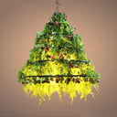 Geometric Vintage Chandelier With Artificial Plants - Metal Ceiling Light Fixture Red / Large