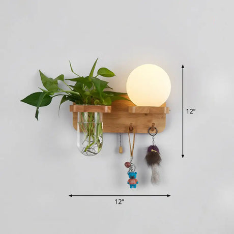 Geometric Wall Sconce Art Deco 1 Head Light With Plant Container And Wooden Shelf - Cream Glass Wood