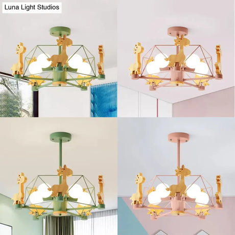 Giraffe 5-Head Kids Semi Flush Mount Wire Frame Ceiling Light For Childs Bedroom - Metallic Finish