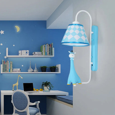 Giraffe Wall Sconce With Animal-Print Fabric Shade Perfect For Study Room Lighting Blue