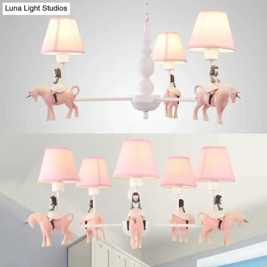 Girls Bedroom Carousel Chandelier - Pink Hanging Light With Fabric Shade