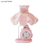 Girls Pink Scalloped Night Light With Clock Design Fabric Nightstand Lamp