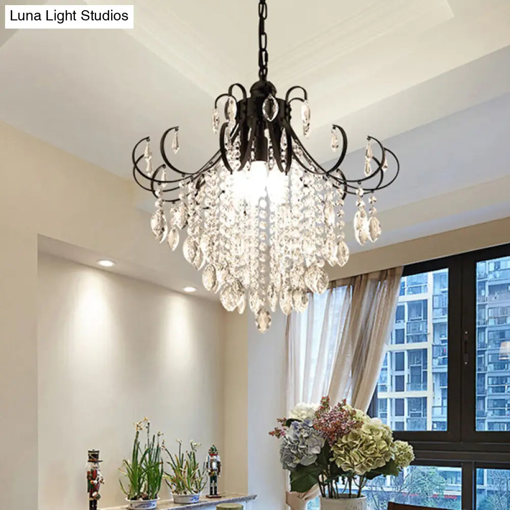 Glam Teardrop Pendant Light With Metal Curved Arm And Crystal Strands Chandelier Black