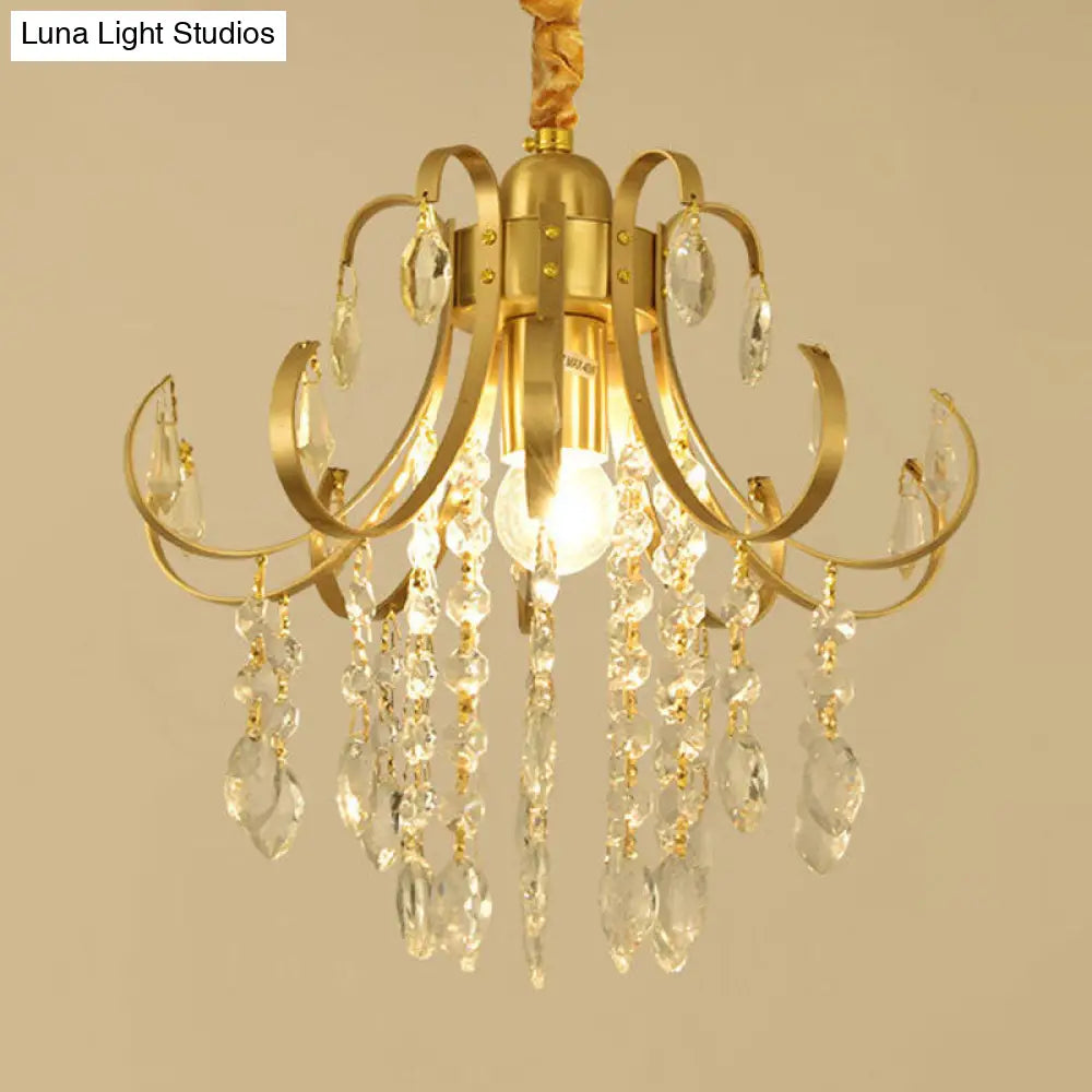 Glam Teardrop Pendant Light With Metal Curved Arm And Cascading Crystal Strands