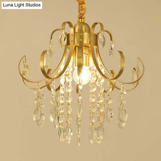 Glam Teardrop Pendant Light With Metal Curved Arm And Cascading Crystal Strands