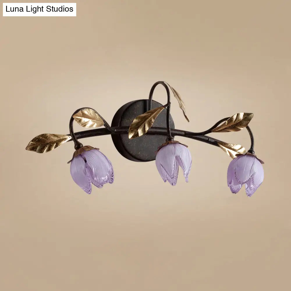 Glass Flowerbud Wall Sconce Light Fixture - Purple American Garden Design (3 Heads) For Bedroom