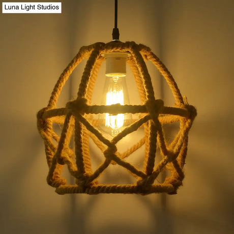 Globe Cage Hemp Rope Pendant Light - Antique Brown Finish 1-Light Fixture For Restaurants