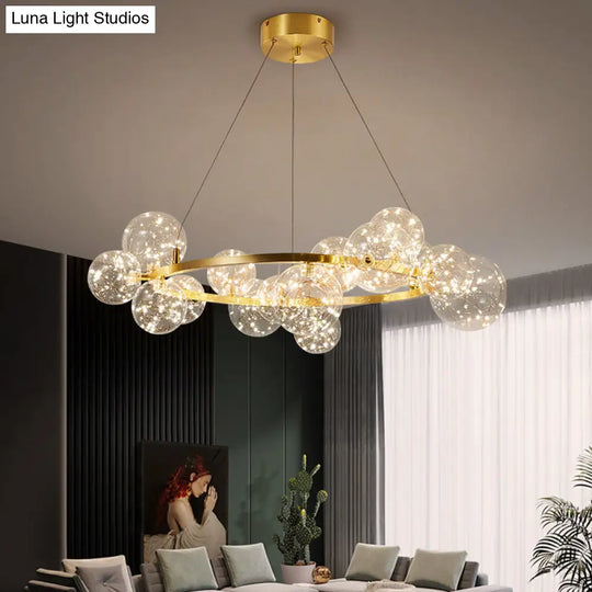 Globe Living Room Led Chandelier Light - Contemporary Clear Glass With Gold Halo Ring 15 / Natural