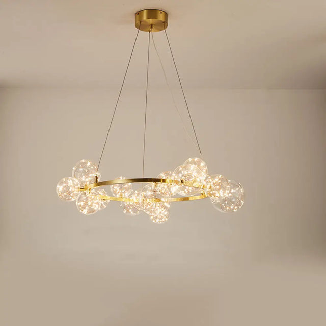 Contemporary Led Chandelier Light With Halo Ring - Clear Glass Globe Living Room Ceiling Lighting In