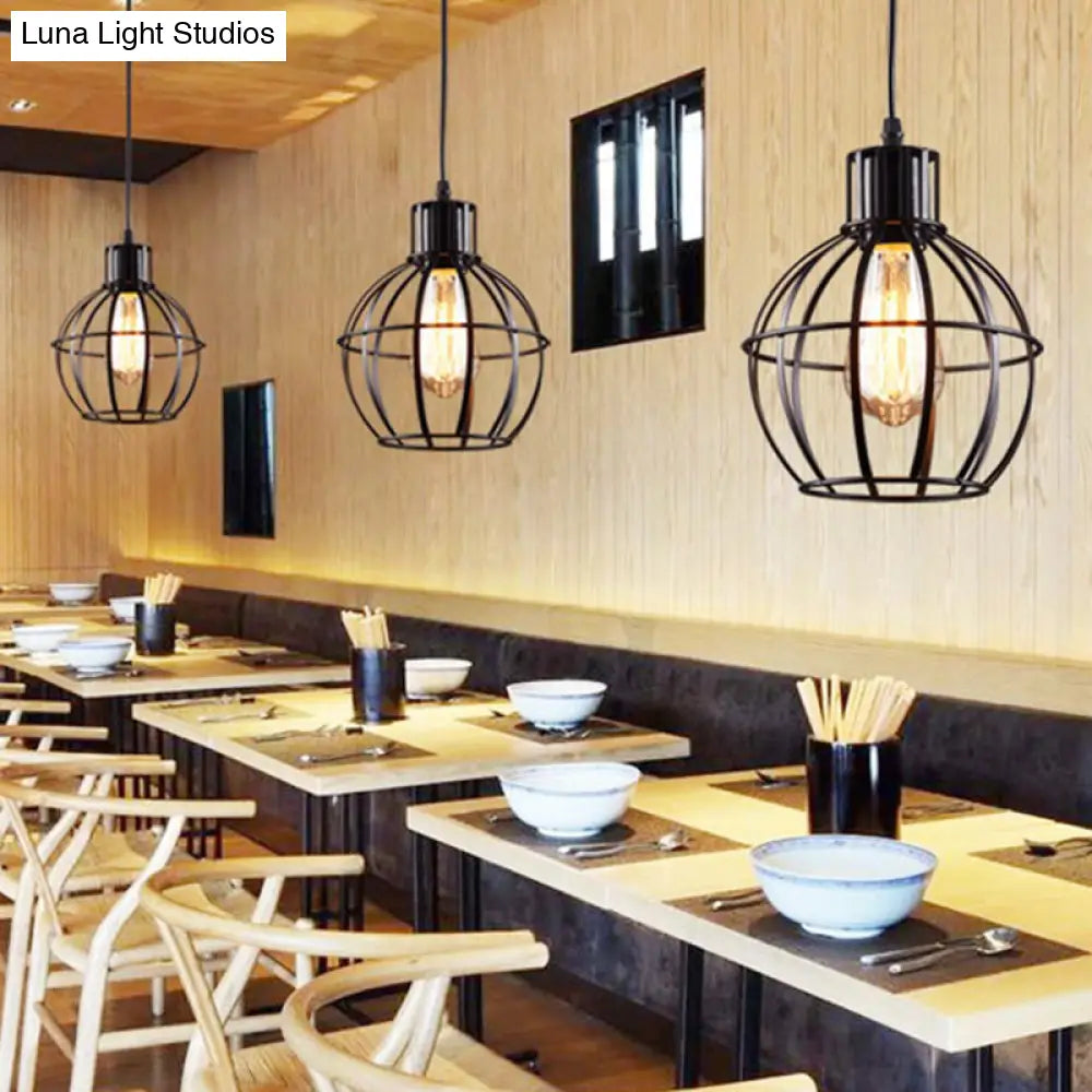 Globe Metal Hanging Pendant Lamp For Dining Room - Industrial Style Single Light Black Finish
