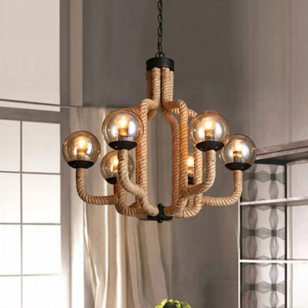 Globe Pendant Chandelier Industrial Rope - 6 Lights Beige Glass Shade Living Room Hanging Fixture