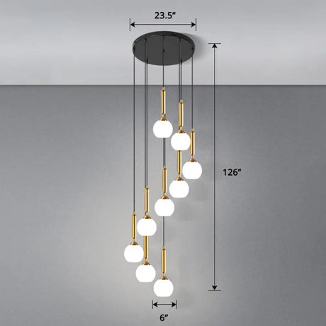 Globe Stairs Multi Lamp Ceiling Light - Cream Glass Modern Pendant Fixture 12 / Gold Dome