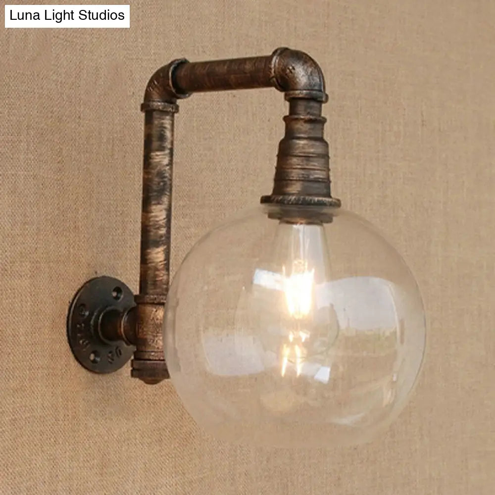 Globe Stairway Wall Lamp - Industrial Clear Glass 1 Light Aged Brass Mount With Angle Pipe 8/10