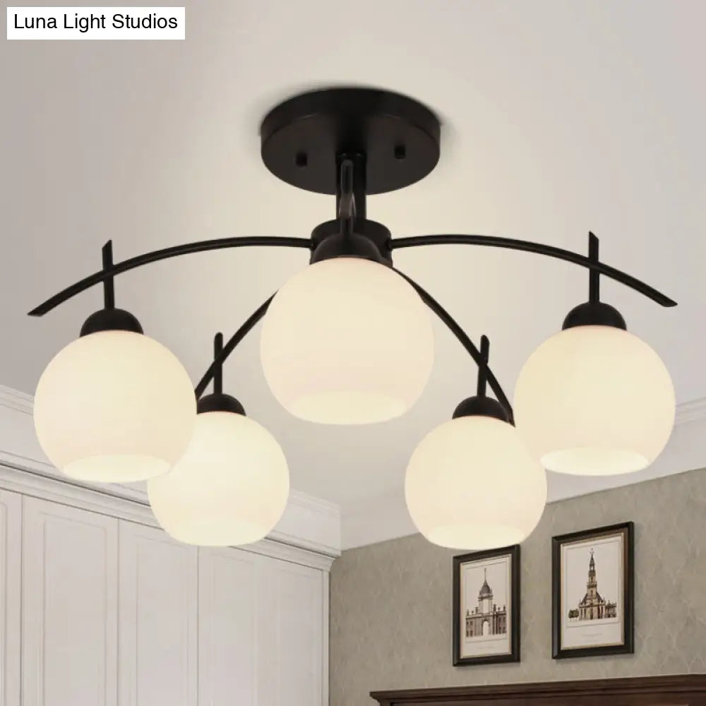 Globe White Glass Semi Flush Traditional Living Room Ceiling Light Fixture In Black With 3/5/6