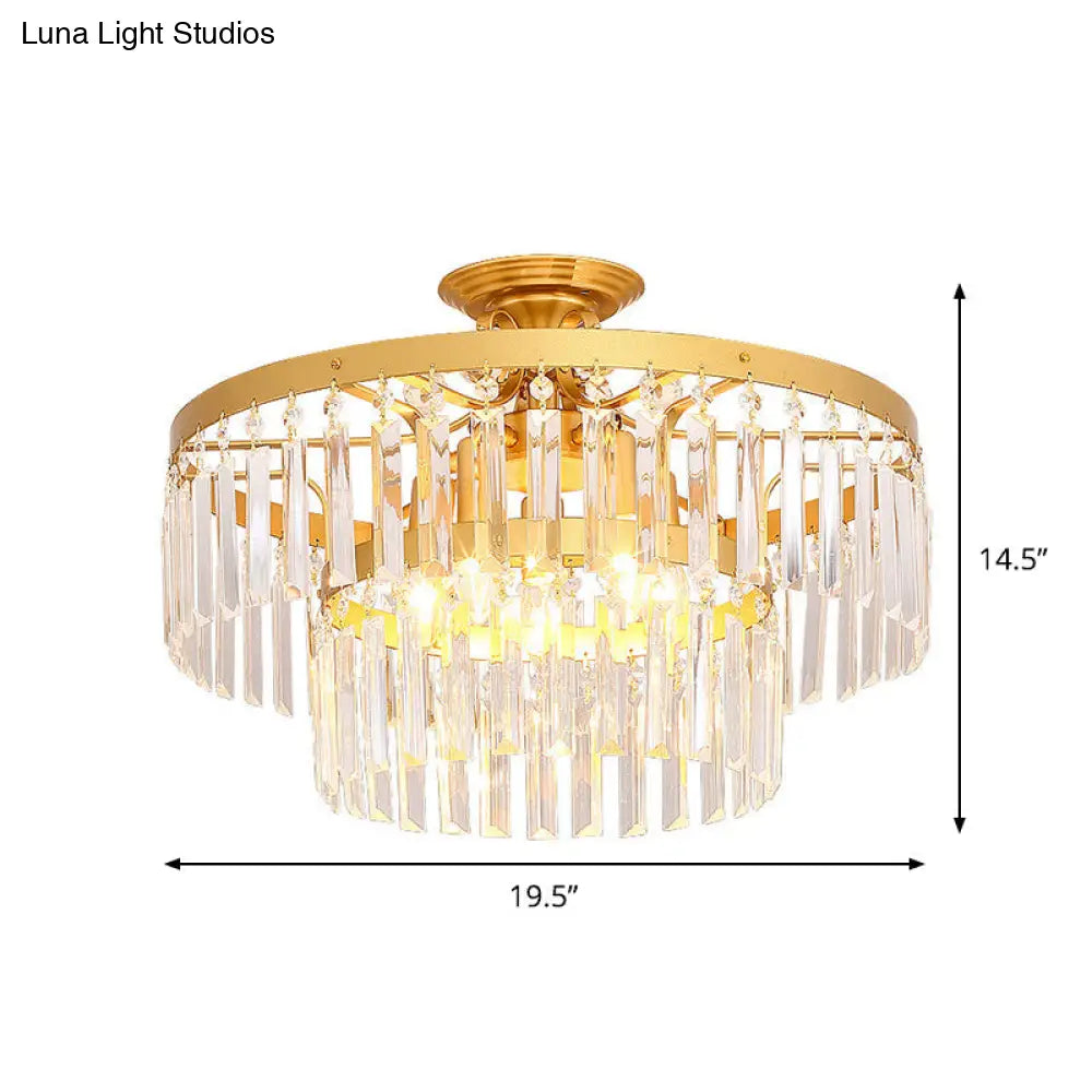 Gold 2-Layer Crystal Semi Flush Mount Light Fixture With 3/5 Bulbs - Postmodern Style For Living