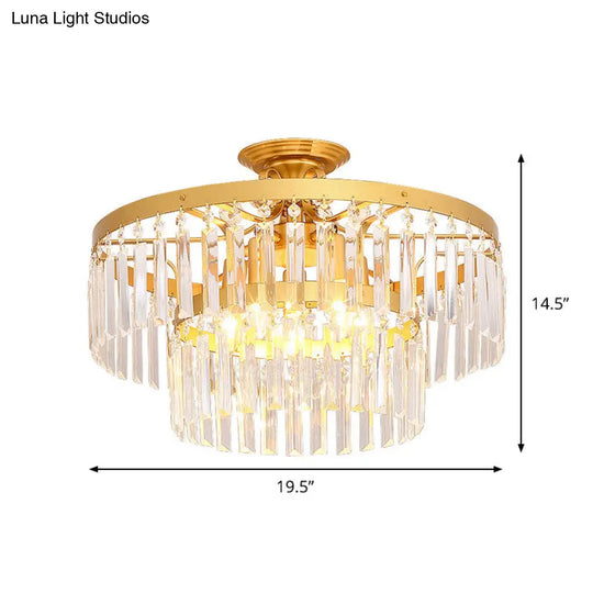 Gold 2-Layer Crystal Semi Flush Mount Light Fixture With 3/5 Bulbs - Postmodern Style For Living