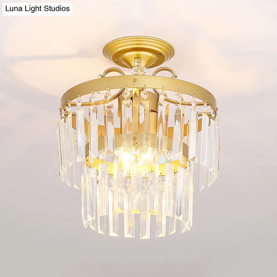 Gold 2 - Layer Crystal Semi Flush Mount Light Fixture With 3/5 Bulbs - Postmodern Style For Living