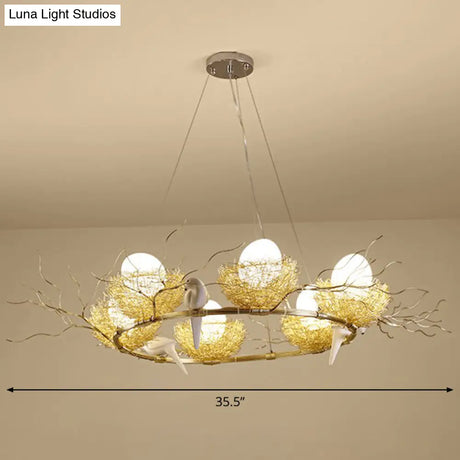 Gold Aluminum Pendant Light With Artistic Bird Nest And Egg Design For Dining Room
