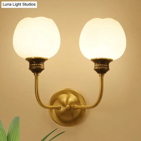 Gold Antique Sconce Light Fixture With Milky Glass Bud - Wall Mounted Lamp For Living Room