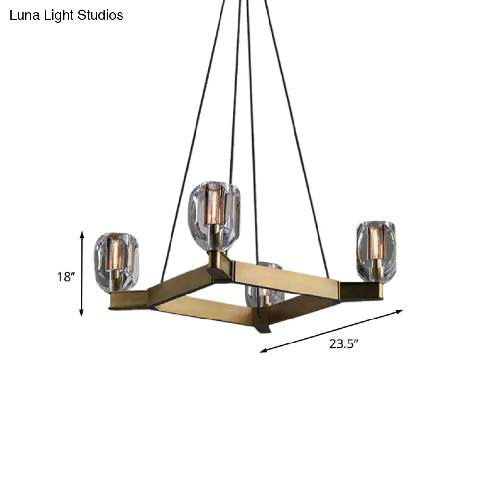 Gold Antiqued Hanging Square Chandelier Pendant With 4 Bulbs & Crystal Flower Design