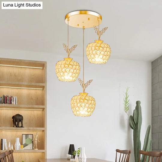 Gold Apple Shaped Crystal Pendant Light With 3 Minimal Hanging Lamp Heads